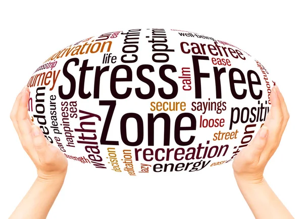 Stress Free Zone Word Cloud Hand Sphere Concept White Background — Stock Photo, Image