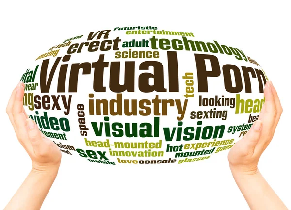 Virtual Porn Palavra Nuvem Conceito Esfera Mão Fundo Branco — Fotografia de Stock