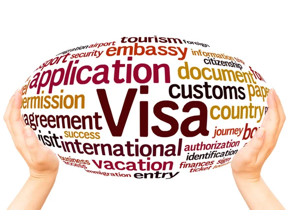 Visa Application Word Cloud Hand Sphere Concept White Background — Stock Photo, Image