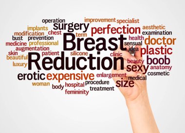 Breast Reduction word cloud and hand with marker concept on white background.  clipart