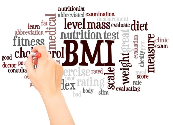 BMI word cloud hand writing concept on white background.