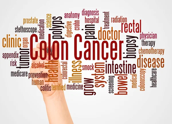 Colon Cancer Palabra Nube Mano Con Concepto Marcador Sobre Fondo —  Fotos de Stock