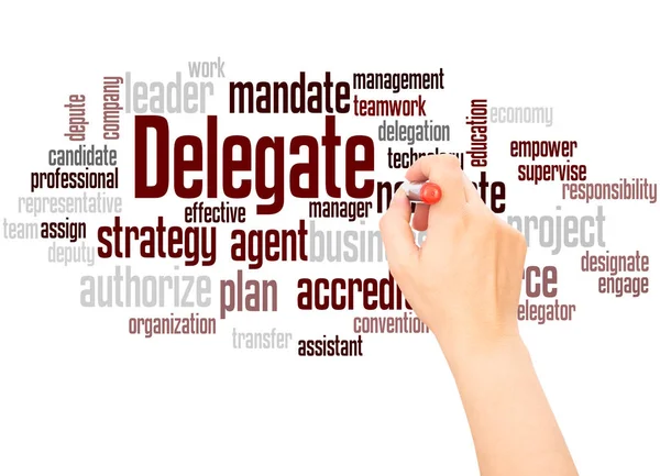 Delegate Word Cloud Hand Writing Concept White Background — Stock Photo, Image