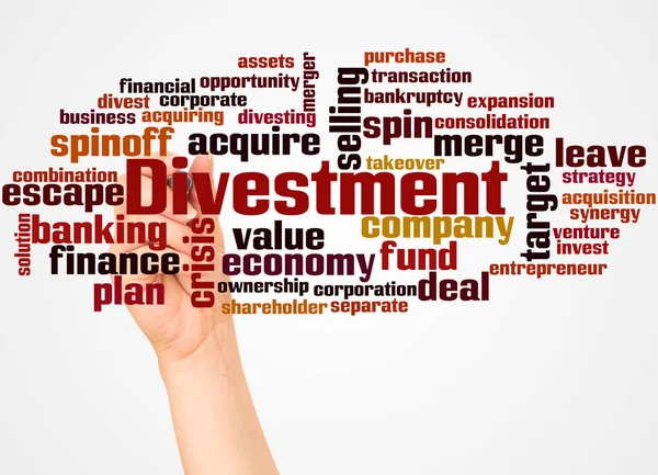 Nuvem Palavra Desinvestimento Mão Com Conceito Marcador Fundo Branco — Fotografia de Stock