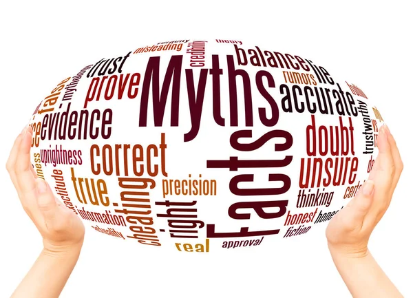 Facts Myths Word Cloud Hand Sphere Concept White Background — Stock Photo, Image