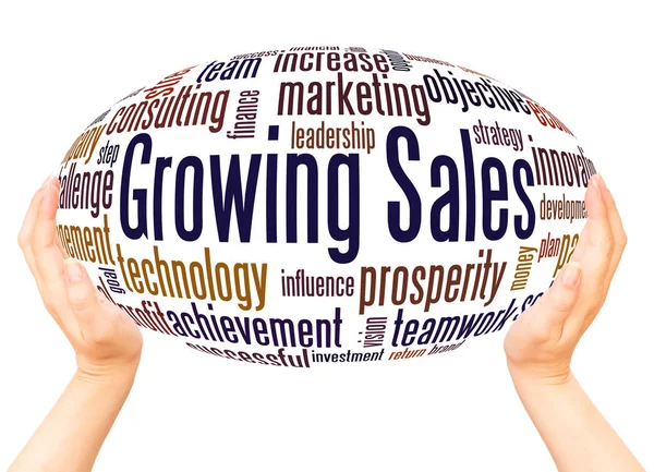 Growing Sales Word Cloud Hand Sphere Concept White Background — Stock Photo, Image