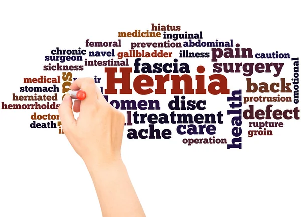 Hernia word cloud hand writing concept on white background.