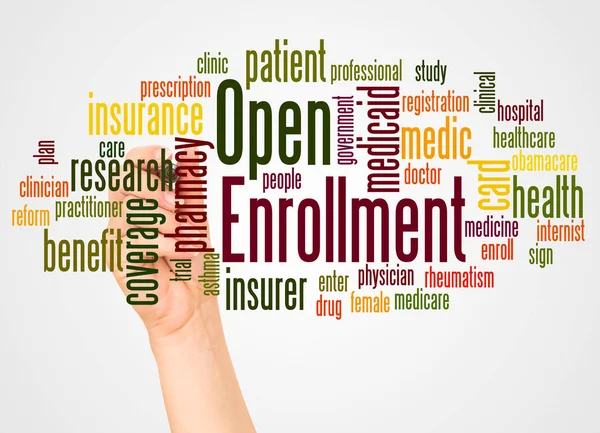 Open Enrollment Word Cloud Hand Marker Concept White Background — Stock Photo, Image