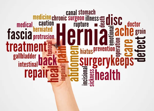 Hernia word cloud and hand with marker concept on white background. — Stock Image Hernia Word Cloud Hand Marker Concept White Background Stock Photo