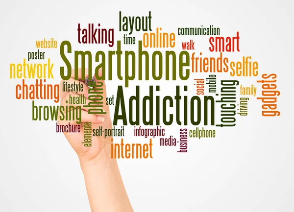 Smartphone Addiction Word Cloud Hand Marker Concept White Background — Stock Photo, Image