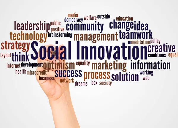 Social Innovation word cloud and hand with marker concept on white background.