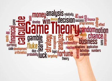 Game theory word cloud and hand with marker concept on white background clipart