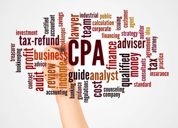 Cpa Certified Public Accountant Slovo Mrak Ruku Konceptem Značky Bílém — Stock fotografie