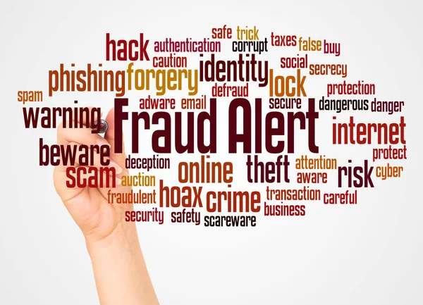 Fraud alert word cloud and hand with marker concept on white background.
