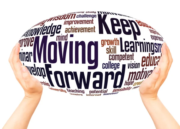 Moving Forward Word Cloud Hand Bol Concept Houden Witte Achtergrond — Stockfoto