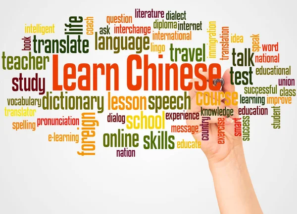 Learn Chinese word cloud and hand with marker concept on white background.