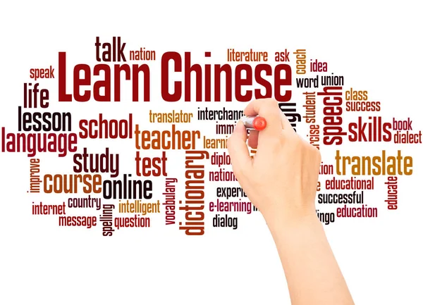 Learn Chinese word cloud hand writing concept on white background.