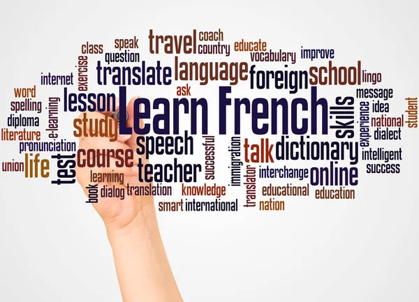 Learn French word cloud and hand with marker concept on white background.