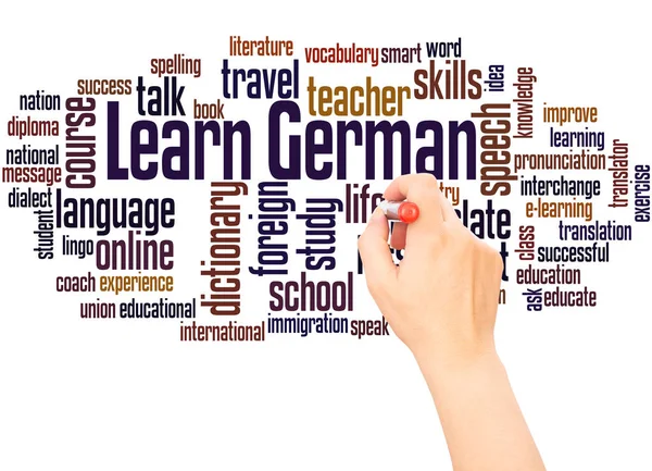 Learn German word cloud hand writing concept on white background.