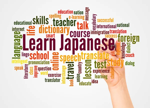 Learn Japanese word cloud and hand with marker concept on white background.