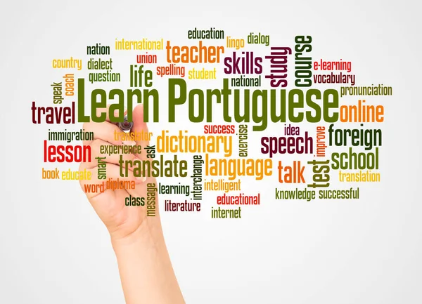 Learn Portuguese word cloud and hand with marker concept on white background.