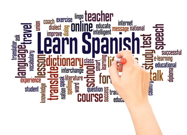 Learn Spanish Word Cloud Hand Writing Concept White Background — Stock Photo, Image