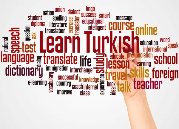 Learn Turkish word cloud and hand with marker concept on white background.