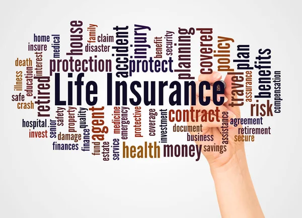 生命保険単語の雲と白い背景の上のマーカー概念と手 — ストック写真