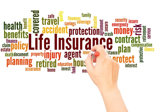 生命保険単語雲手書く白い背景の概念 — ストック写真