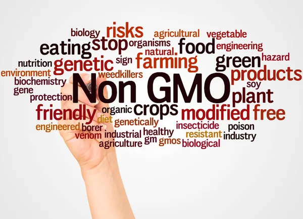 Icke Gmo Word Cloud Och Hand Med Markör Koncept Vit — Stockfoto