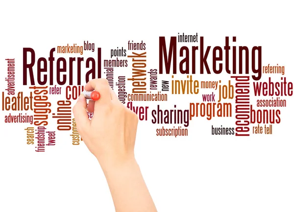 Referral Marketing Word Cloud Hand Writing Concept White Background — Stock Photo, Image