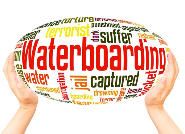 Waterboarding Word Cloud Hand Sphere Concept White Background — Stock Photo, Image