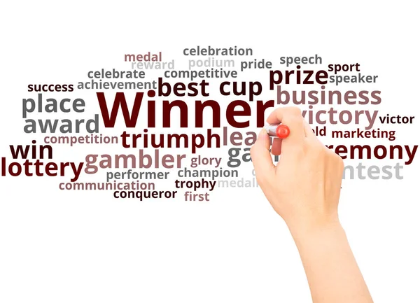 Vinnare Word Cloud Hand Skrivande Konceptet Vit Bakgrund — Stockfoto