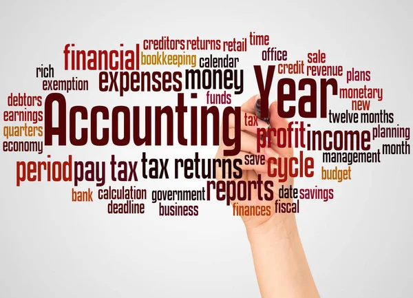 Accounting year word cloud and hand with marker concept — Stock Photo, Image