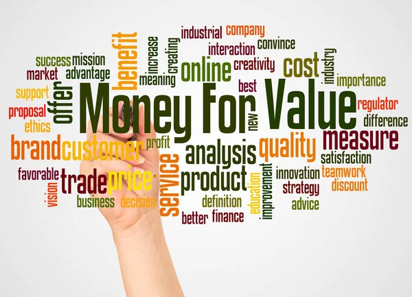 Pengar för värde word cloud och hand med markör-konceptet — Stockfoto