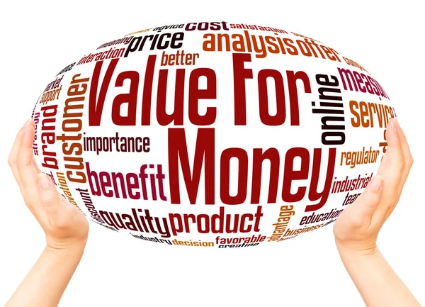 Valor para o dinheiro conceito de esfera de mão nuvem palavra — Fotografia de Stock