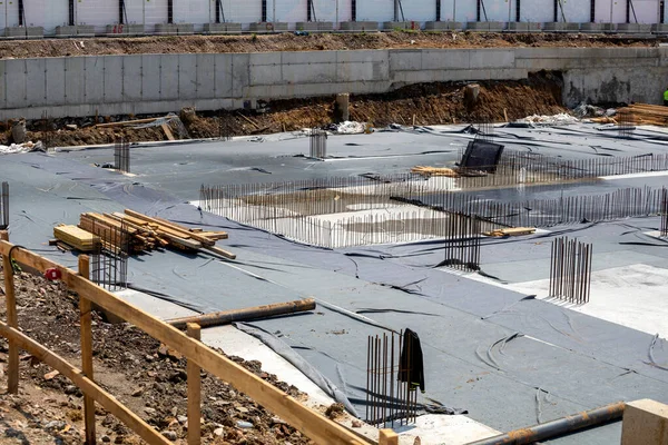 Foundations New Building Reinforcing Mesh Concrete Construction Site — Stock Photo, Image