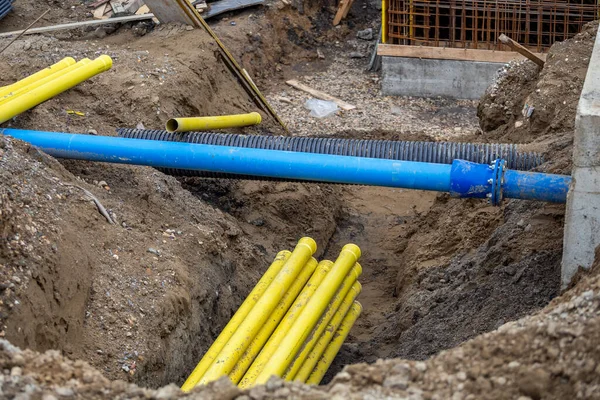 Trou Dans Sol Avec Jonction Tuyaux Plastique Pvc Bâtiment Résidentiel — Photo