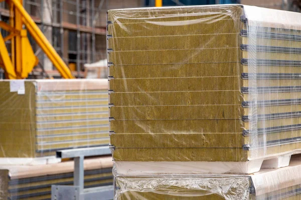 Insulation Sandwich Panels Construction Site Fiber Material Warming Walls Building — Stock Photo, Image