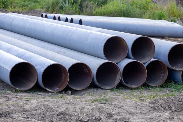 Long Metal Pipes Laying Ground New Water Delivery System Residential — Stock Photo, Image