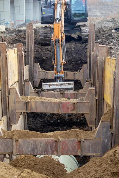 Modular Trench Shielding System Excavation Safety Trench Box Shoring Method — Stock Photo, Image