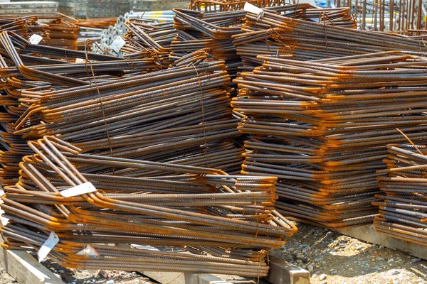 Pile Reinforcing Steel Rectangular Links Ligatures Reinforcing Footing Beams Background — Stock Photo, Image