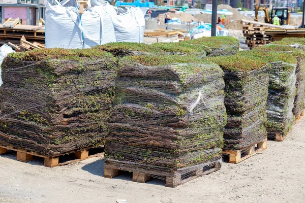 Auf Einer Baustelle Stapeln Sich Auf Holzpaletten Gestapelte Blumenbeete Gartenprojekt — Stockfoto