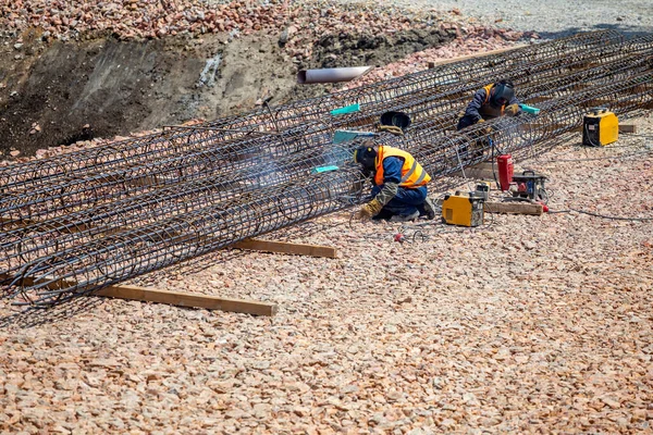 Welding Reinforcement Cages Foundation Piles Steel Reinforcement Piling Work — Stock Photo, Image