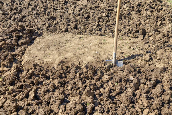 Résumé Travaux Inachevés Creuser Sol Avec Une Pelle Dans Potager — Photo