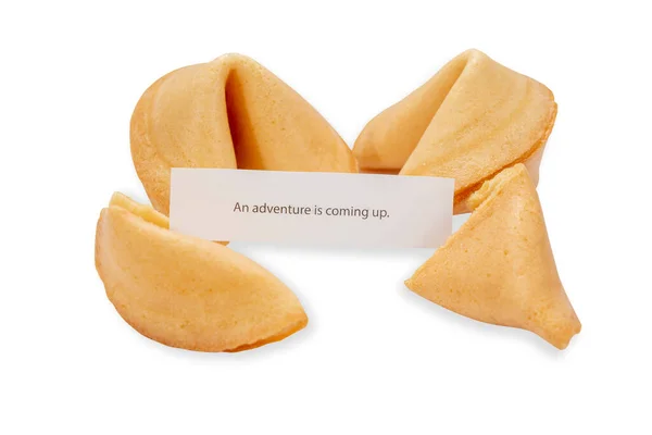 Four Fortune Cookies Slip Adventure Prediction Isolated White Background — Stock Photo, Image