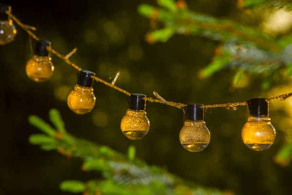 Village light hanging on a rope with water inside. In the rays of the sunset sun. — Stock Photo, Image