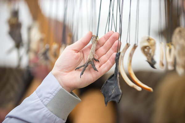 A man's hand holds a magic amulet from the bird's paw, different amulets hang on the laces on the stand at the fair. Close up.