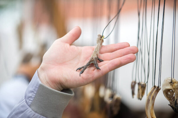 A man's hand holds a magic amulet from the bird's paw, different amulets hang on the laces on the stand at the fair.