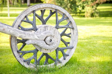 Yeşil çim üzerinde büyük dekoratif rustik tekerlek arabaları. Köy mevsimsel kompozisyon - emek, hasat ve fuar kavramı.